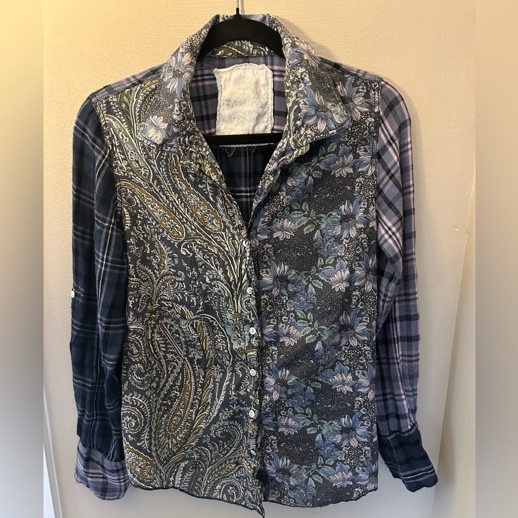 Cino Paisley Floral Plaid Button Down Shirt In Shades Of Blue Green And Purple S